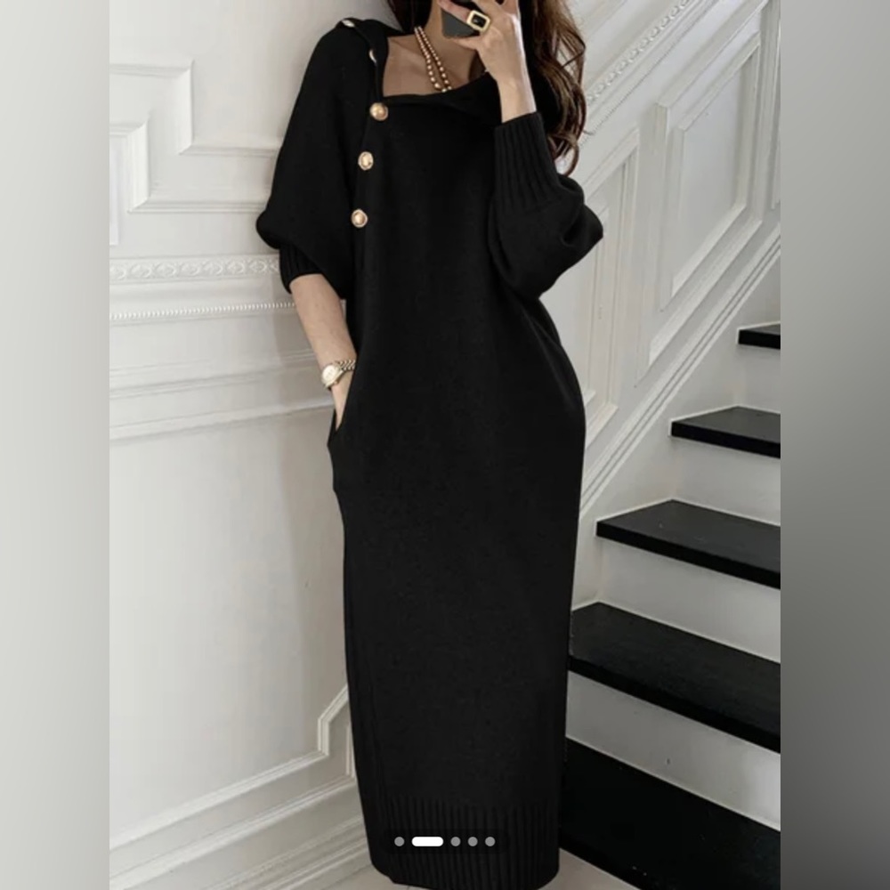 STYLEWE Long Sleeve Sweater Midi Dress with Button Details and Pockets Large - Picture 3 of 7